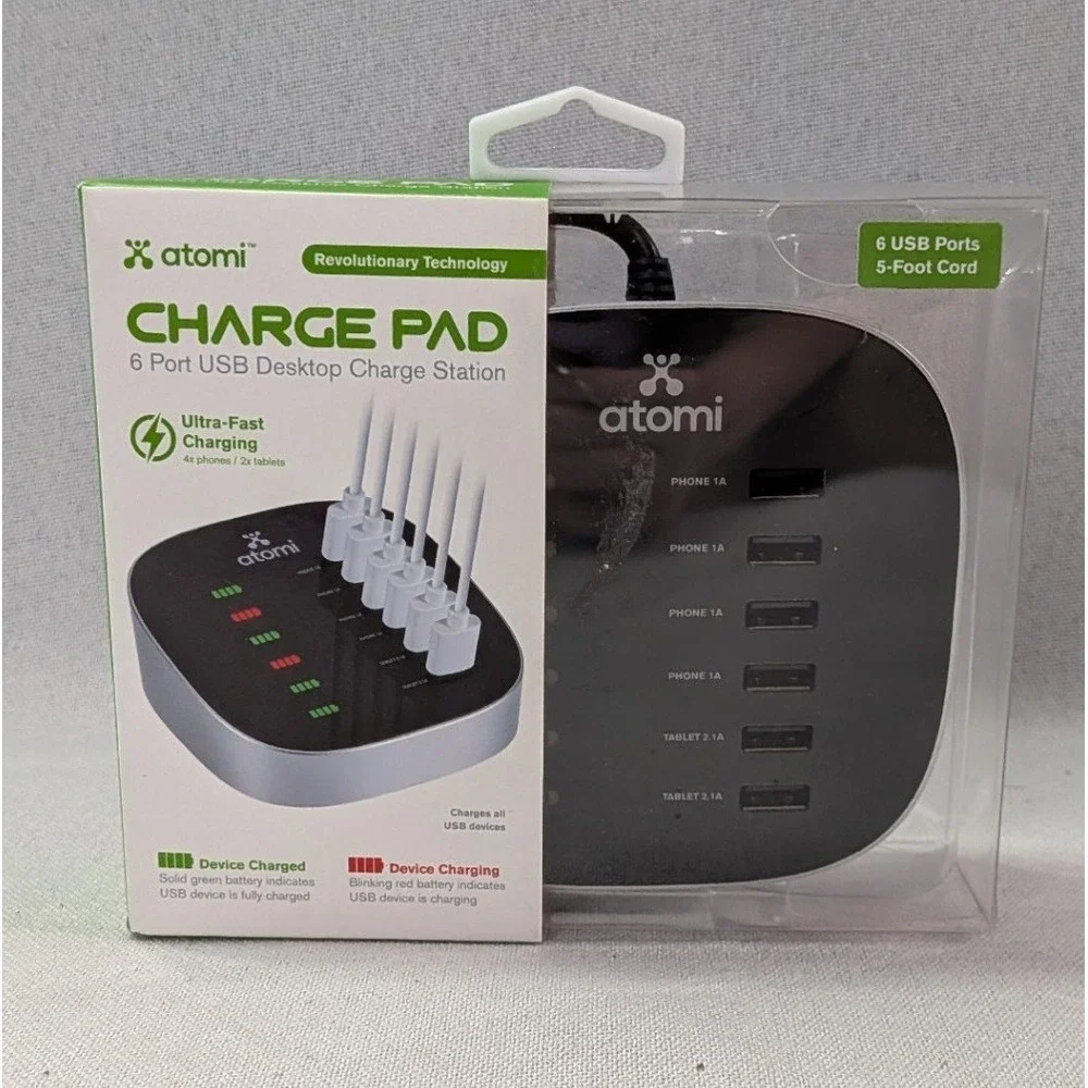 Atomi Charge Pad 6 Port USB Desktop Charge Station Black AT1054 New 5ft Cord